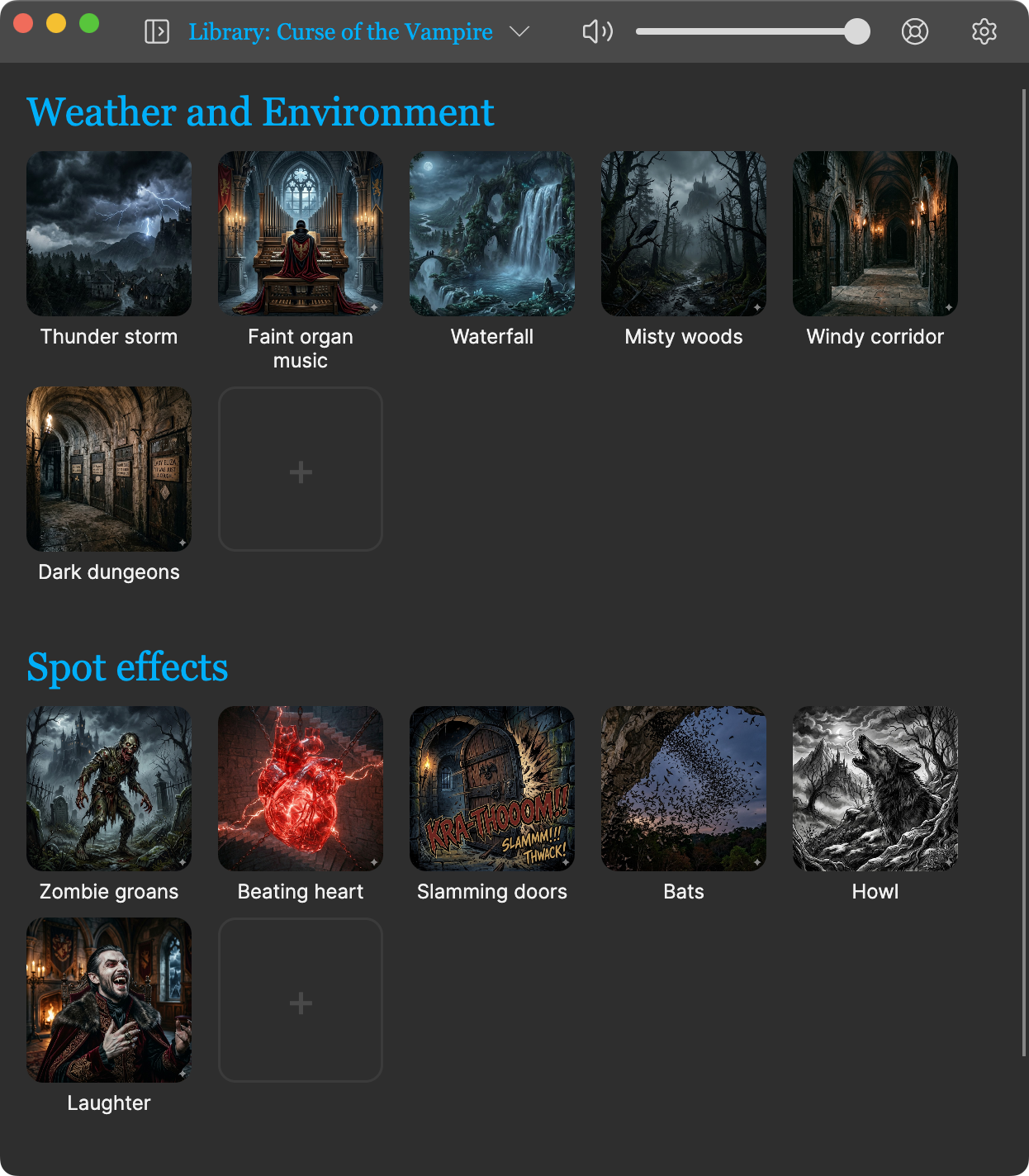 Softrope scene library showing weather scenes like Thunder storm and Waterfall, and spot effects like Zombie groans and Slamming doors.
