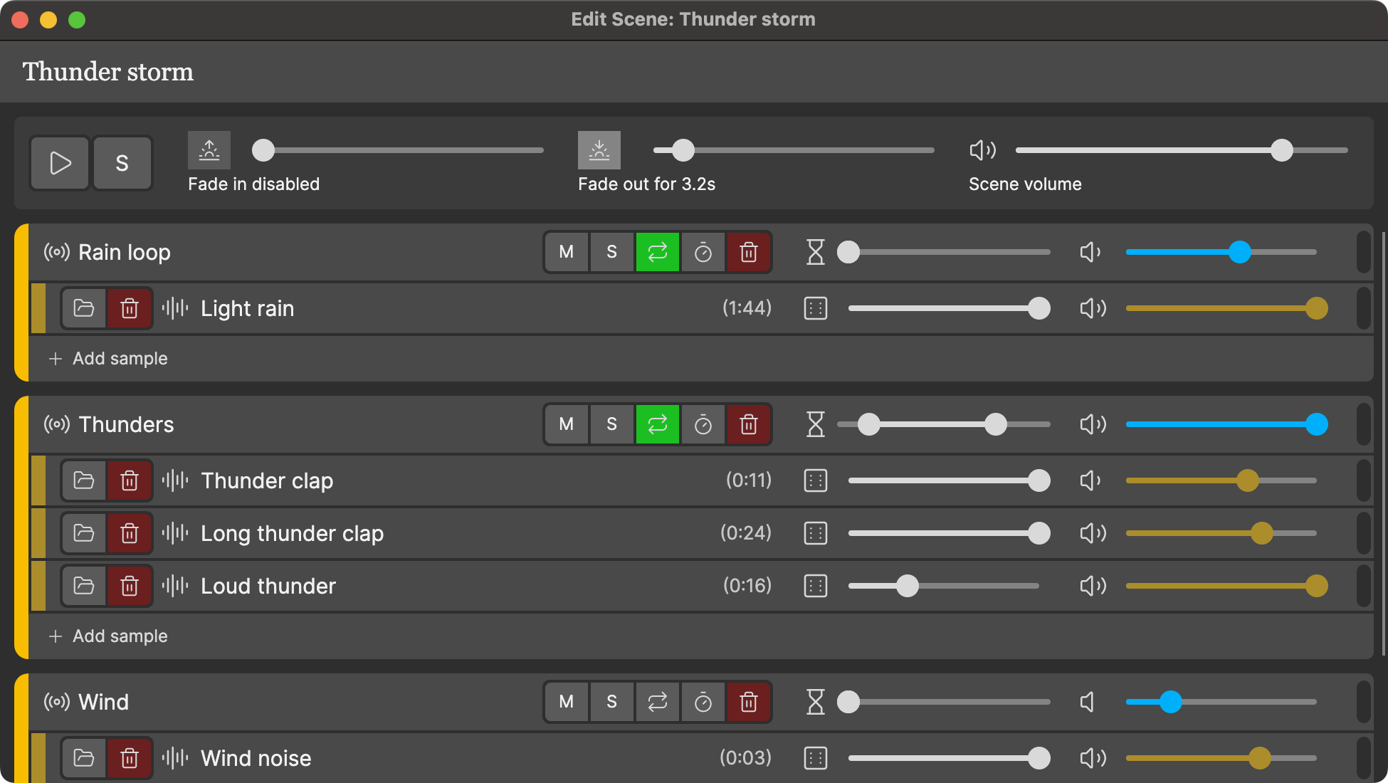 Softrope scene editor showing layered effects, volume sliders and level meters
